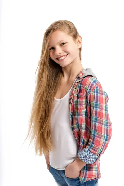 Young cheerful teenage girl on white background Royalty Free Stock Photos