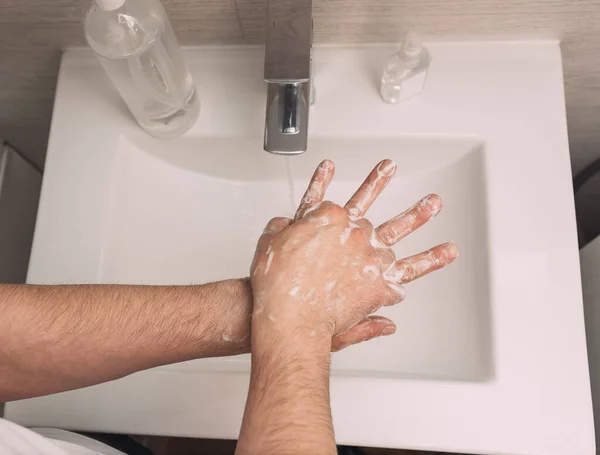 Washing Hands Rubbing Soap Man Corona Virus Prevention Hygiene Stop Stock Image