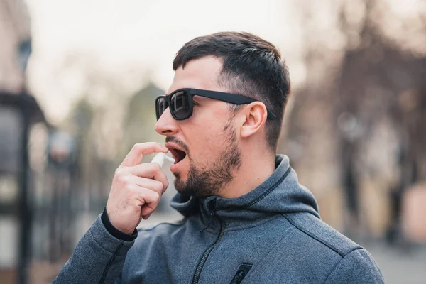 Handsome Bearded Man Uses Cough Spray His Throat Opens His — Stock Photo, Image