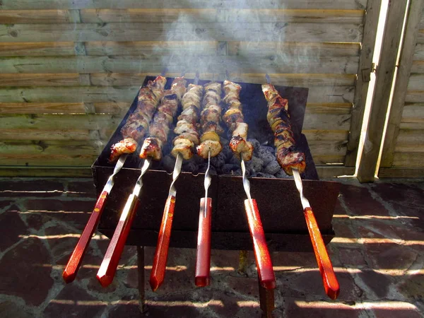 Churrasco Com Kebabs Quentes Frescos Kebabs Fumaça Para Uma Empresa — Fotografia de Stock