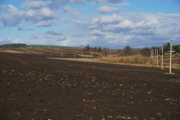 Blask toprağı olan Ukrayna tarlaları. Bahar geldi mavi gökyüzü ve ılık gün ışığıyla. Ukrayna 'nın tarlalarını ekin ekmeye hazırladık. Tarlanın yakınındaki toprak yolda. Ukrayna 'nın tarım endüstrisi. Willow Berezhany.