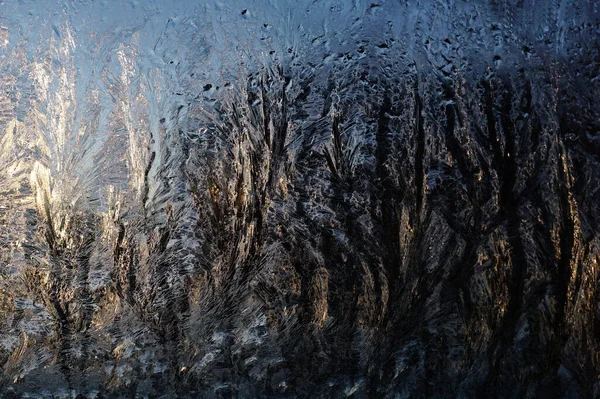 Ledová Ozdoba Okně Ranní Paprsky Slunce Ozařují Mrazivou Ozdobu Zimní — Stock fotografie
