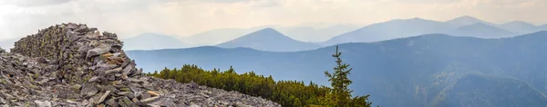 Panorama des montagnes bleues avec mur de pierres et de pins dans — Photo