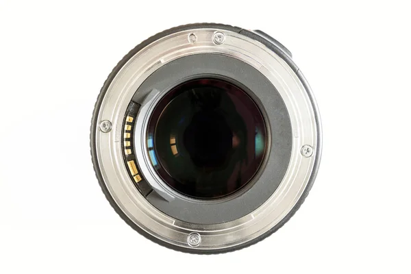 Aparat fotograficzny Fotografia obiektyw makro na białym tle z obiektywu w trzech — Zdjęcie stockowe