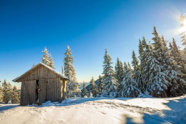 Kış Dağları panoraması Çoban evleriyle. Karpatya