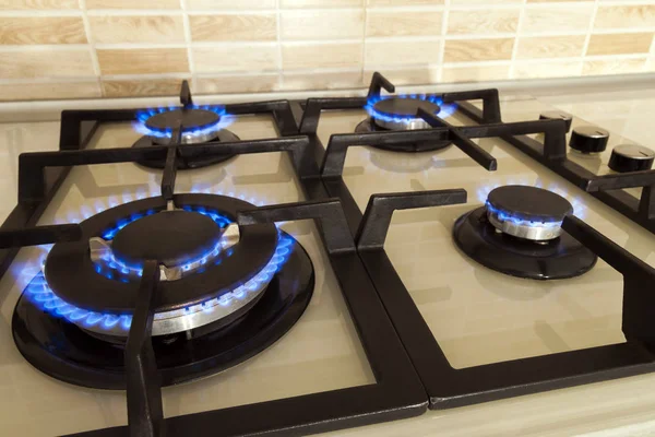 Крупним планом знімок синього вогню з побутової кухонної плити. Газова плита — стокове фото