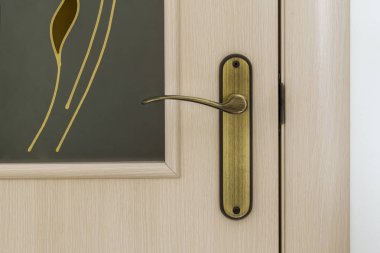 Modern, çağdaş saten ahşap kapı metal kolu yakın çekim det