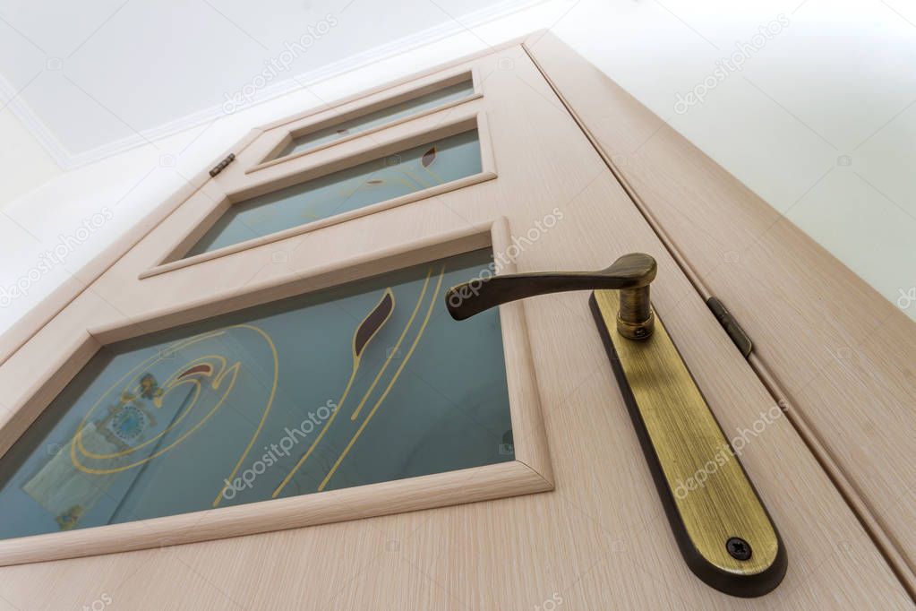 Modern, contemporary satin wooden door metal handle close-up det