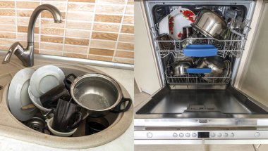 Kirli lavabo mutfak eşyaları, kap, yemekleri ile. Açık bulaşık makinesi wi