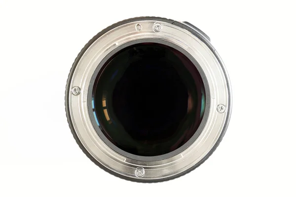 Lente de foto da câmera close-up no fundo branco com reflexos lentes — Fotografia de Stock