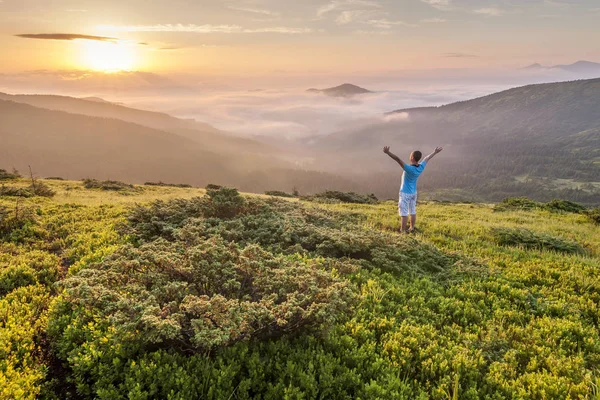 Πεζοπόρος που στέκεται στην κορυφή ενός βουνού με υψωμένα τα χέρια και enjoyi — Φωτογραφία Αρχείου