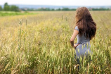 Uzun kahverengi saçlı ayakta buğday alanında genç kadınla. Birlik 