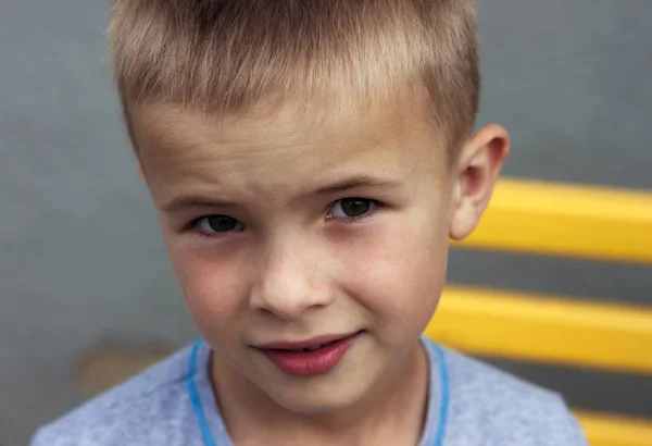 Портрет маленького улыбающегося мальчика с золотыми светлыми соломенными волосами i — стоковое фото