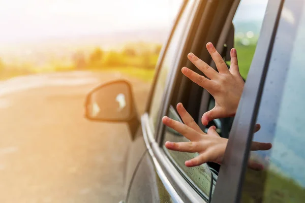 Детские руки в окне автомобиля во время поездки в отпуск. Мягкое молчание — стоковое фото