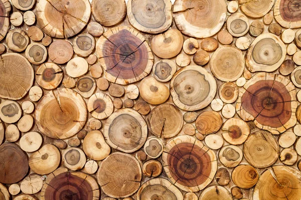 Fondo redondo de troncos de madera, sección de corte de árboles para fondo — Foto de Stock