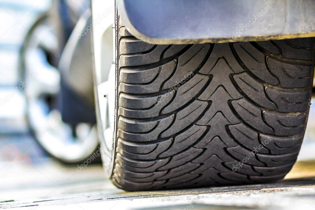 Close up of car tire, selective focus.