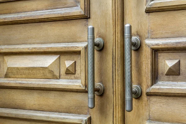 Decorative metal handles of old wooden door — Stock Photo, Image