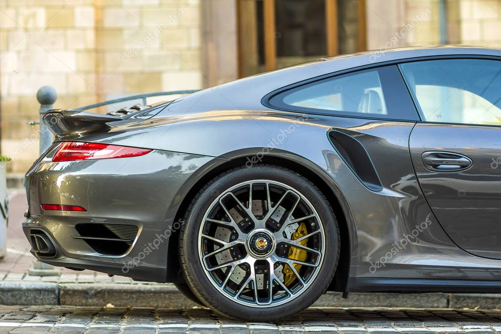 Kiev, Ukraine - September 20, 2017: Close-up shot of modern german sports car Porsche 911