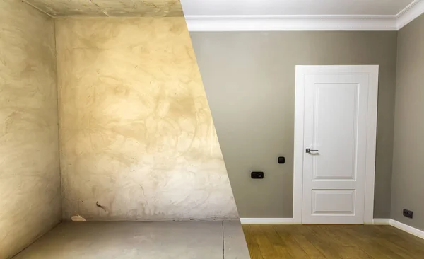 Bir oda bir apartman dairesinde önce ve sonra yenileme karşılaştırılması