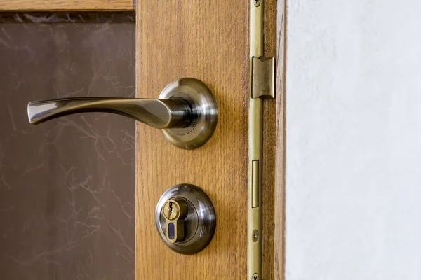 Punho de metal cetim moderno e contemporâneo e uma fechadura de chave em uma madeira — Fotografia de Stock