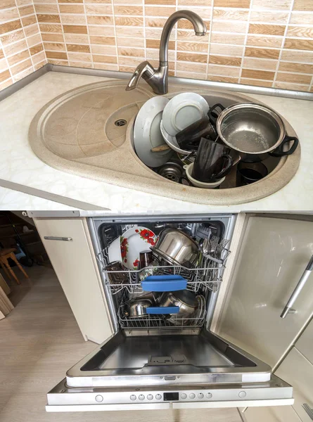 Lavatório sujo com utensílios de cozinha, utensílio, pratos. Máquina de lavar louça aberta wi — Fotografia de Stock