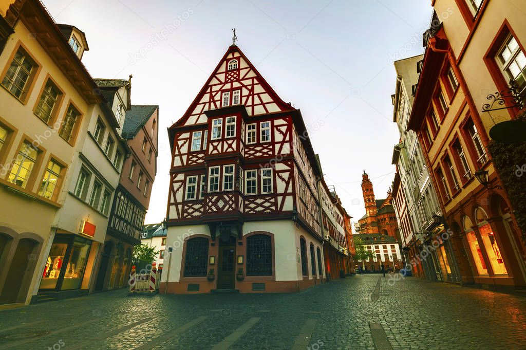 Old architecture houses in the center of Mainz city near Frankfu