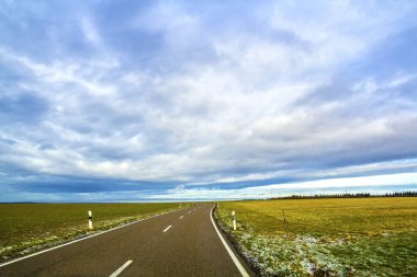 Yeşil alanlar arasındaki boş siyah asfalt yol