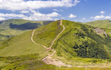 Çakıl yol ve yürüyüşçüler dağ. Karpat Dağları yaz aylarında Ukrayna