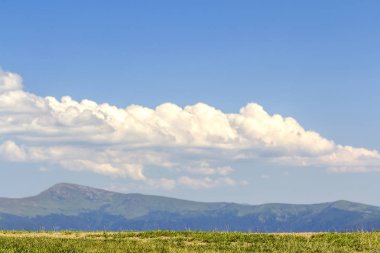 Yeşil çim çayır ve uzak mavi dağlar