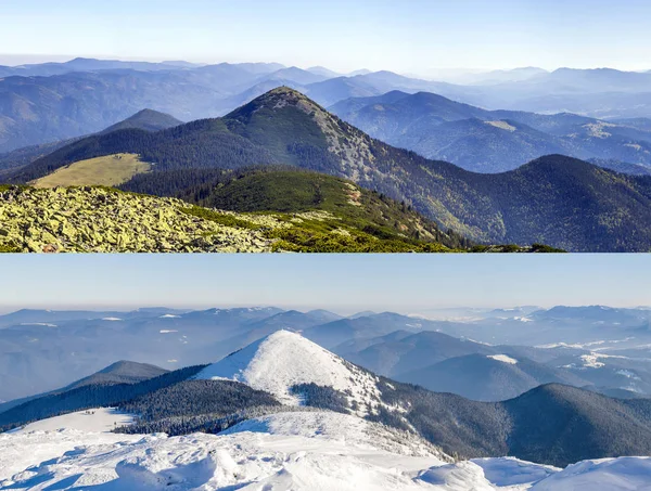 Mountain landscape in winter and in summer. Comparison of two seasons