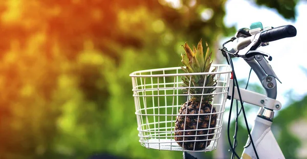 Pineapple in bike basket green blurred background bokeh