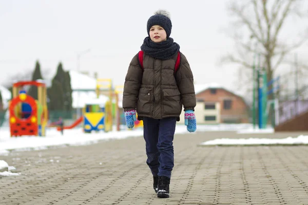 Маленький мальчик, гуляющий в парке. Ребенок идет на прогулку после школы со школьной сумкой зимой. Детская деятельность на свежем воздухе. Концепция здорового образа жизни . — стоковое фото