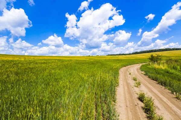 Krásné letní krajina s trávou, špína štěrku silnici a bílé mraky. — Stock fotografie