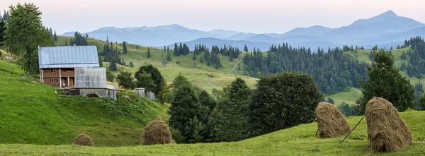 Village houses on hills with green meadows in summer day. House