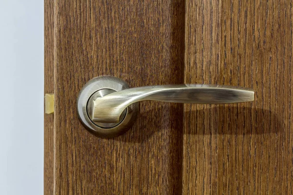 Modern, contemporary satin metal handle on a wooden door close-u — Stock Photo, Image