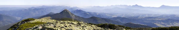 화창한 맑은 날씨에 녹색 산 언덕의 넓은 파노라마. 여름에 카 르 파 티아 산맥 풍경입니다. 녹색 소나무 바위 봉우리의 보기에 의하여 덮여 있다. 자연의 아름다움. — 스톡 사진