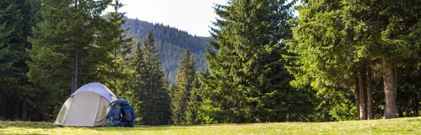 Obóz turystyczny na zielony łąka z świeżej trawy w karpackich moun — Zdjęcie stockowe