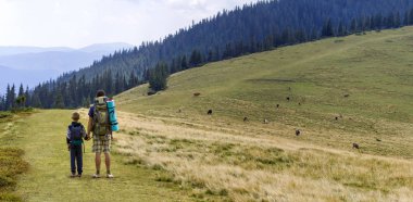 Baba ve oğul birlikte doğal hiking sırt çantaları ile yeşil dağlar yaz. Baba ve çocuk ayakta zevk dağ manzaralı manzara. Aktif yaşam tarzı, aile ilişkileri, hafta sonu etkinlik kavramı.