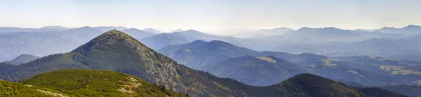 Широкая панорама зеленых горных холмов в солнечную ясную погоду. Карпатские горы летом. Вид скалистых вершин, покрытых зелеными соснами. Красота природы . — стоковое фото