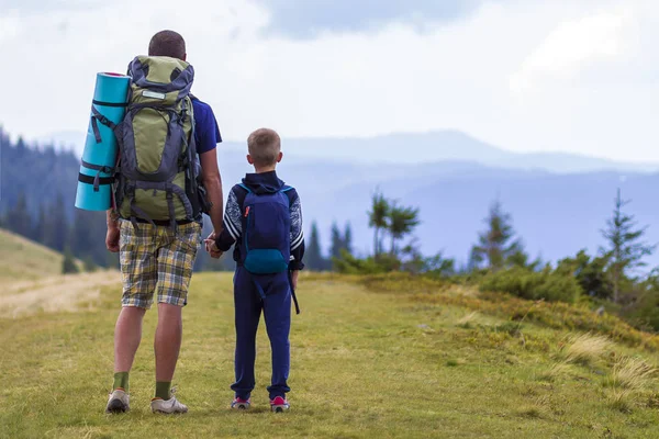 Vater und Sohn wandern mit Rucksäcken gemeinsam in den sommergrünen Bergen. Vater und Kind stehen und genießen die Aussicht auf die Berge. Aktiver Lebensstil, Familienbeziehungen, Wochenendaktivitätskonzept. — Stockfoto