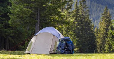 Karpat Dağları ormandaki taze ot ile yeşil çayır turist kamp. Yürüyüşçüler çadır ve sırt çantaları Kamp yerinde. Aktif yaşam tarzı, açık hava etkinliği, tatil, spor ve Rekreasyon kavramı.