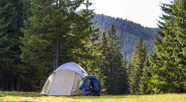 Туристический лагерь на зеленом лугу со свежей травой в Карпатских горах. Туристы палатки и рюкзаки в кемпинге. Активный образ жизни, активный отдых, спортивные и развлекательные мероприятия . — стоковое фото