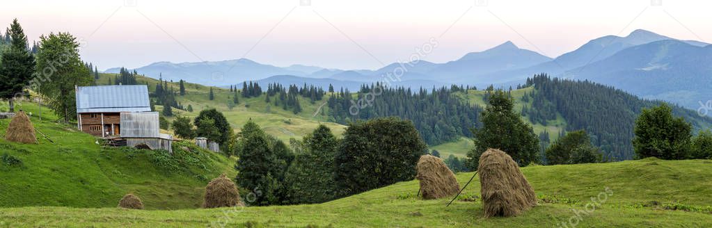Village houses on hills with green meadows in summer day. House 