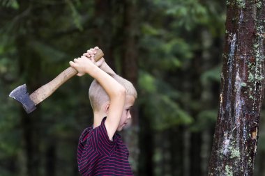 Ağır eski demir balta kesme ağaç trump yaz gününde ormandaki küçük bir çocuk. Açık hava etkinlikleri ve fiziksel emek.