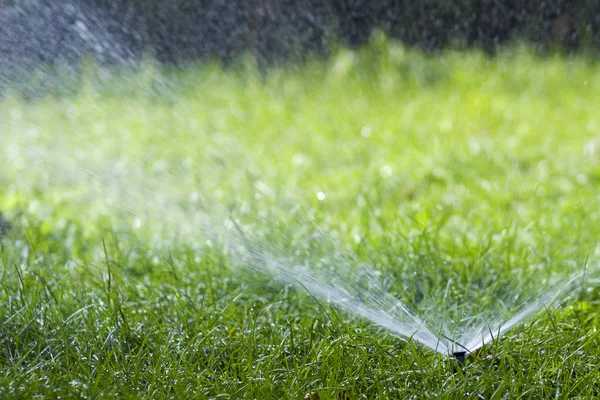 Lawn water sprinkler spraying water over grass in garden on a hot summer day. Automatic watering lawns. Gardening and environment concept. — Stock Photo, Image