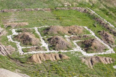 Yeşil alanda şantiye. Siperler toprağa kazdık ve gelecekteki ev ve çit, çakıl ve Kum yığınları için temel olarak çimento ile dolu. Yapı, inşaat ve gayrimenkul konsept.