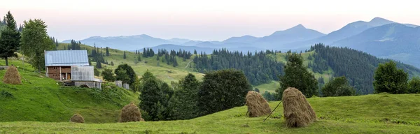 Village houses on hills with green meadows in summer day. House of shepherds in mountains in carpathian