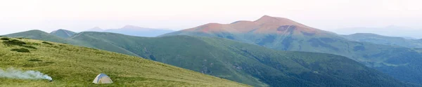 Panorama Montagne Avec Tente Touristique Lever Coucher Soleil Dans Les — Photo