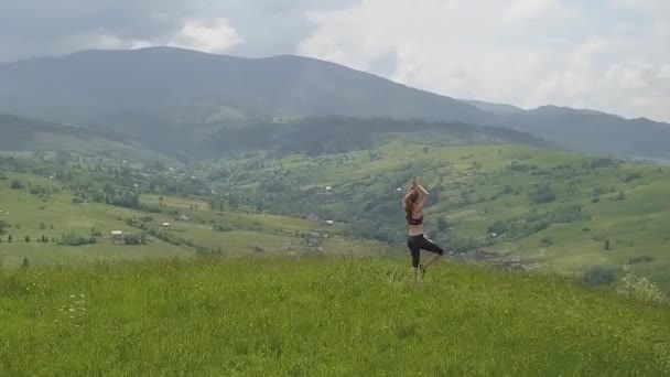 Young Woman Enjoying Mountain View Summer Day Relax Meditation Nature — Stock Video