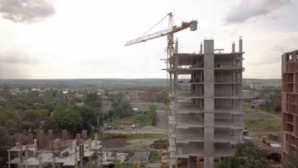 Aerial View Tower Crane Residential Building Construction — Stock Video